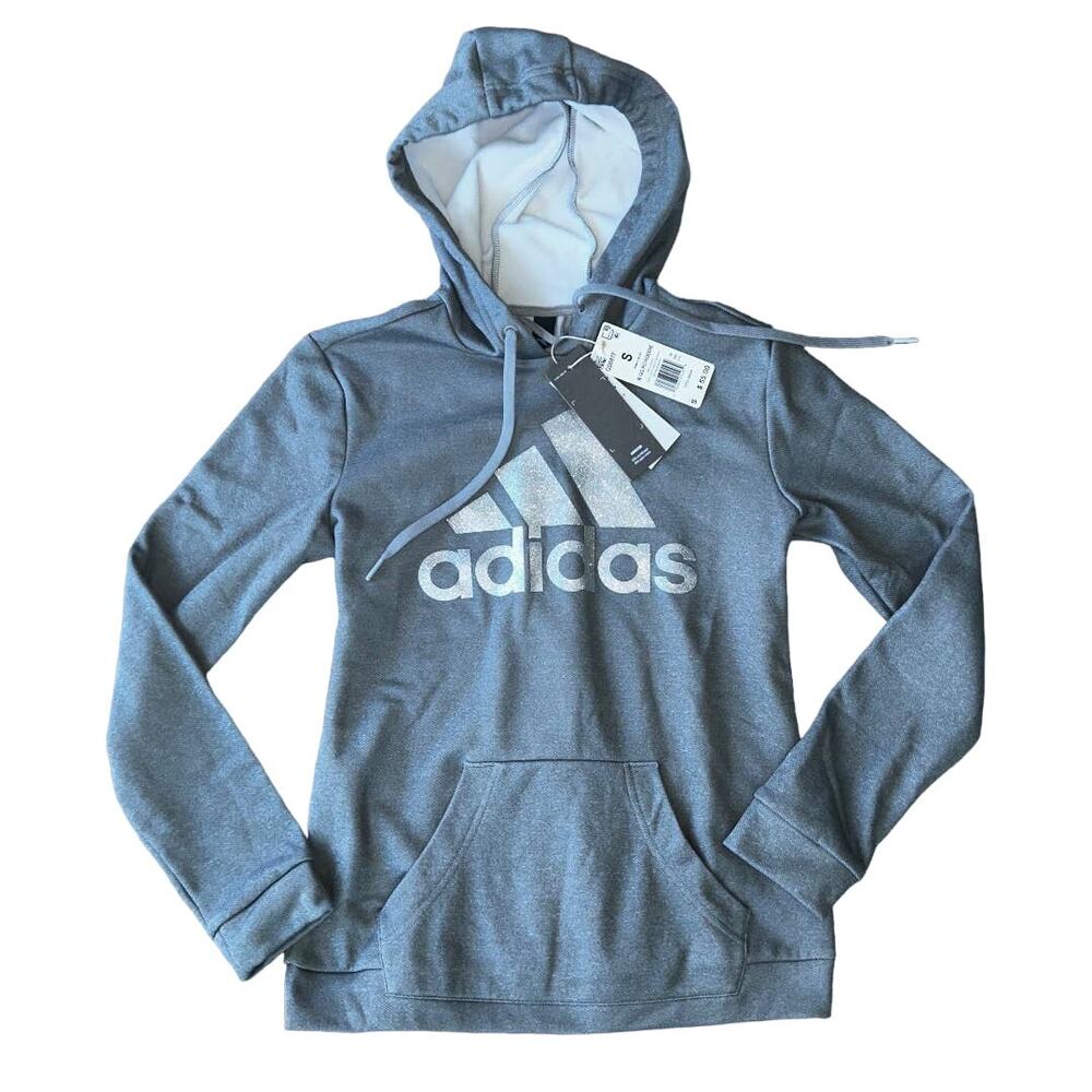 NWT Adidas Aeroready Big Silver Logo Hoodie Sweatshirt Gray Women’s Small